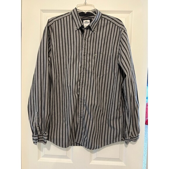 Lacoste mens Grey and Black Striped Button Down Shirt - Picture 1 of 8